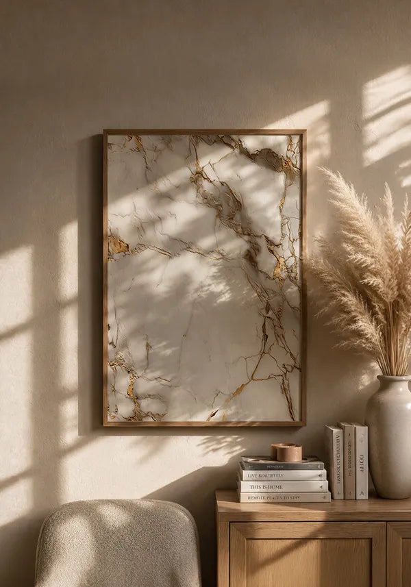 Quadro Mármore Abstrato Branco e Dourado II