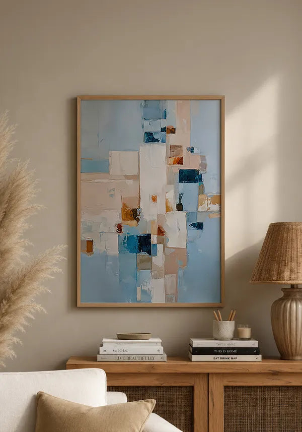 Quadro Abstrato Efeito Texturas em Azul e Tons Neutros I