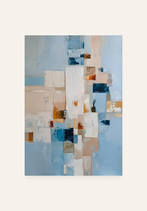 Quadro Abstrato Efeito Texturas em Azul e Tons Neutros I