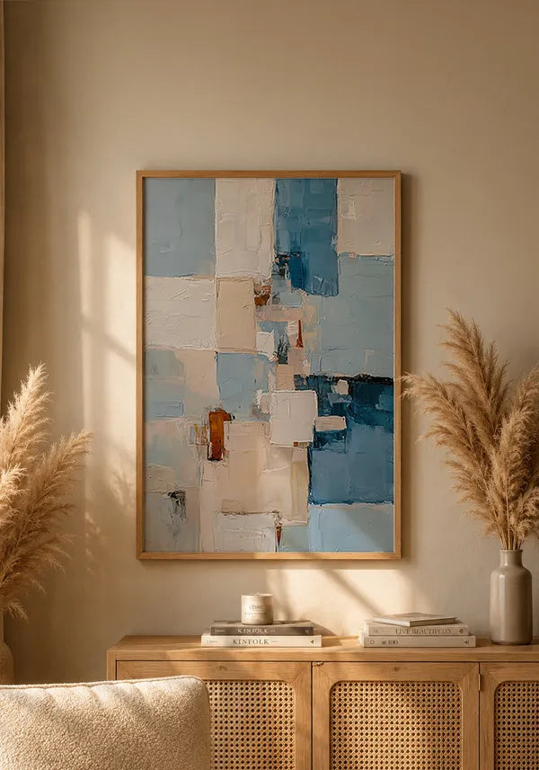 Quadro Abstrato Efeito Texturas em Azul e Tons Neutros II