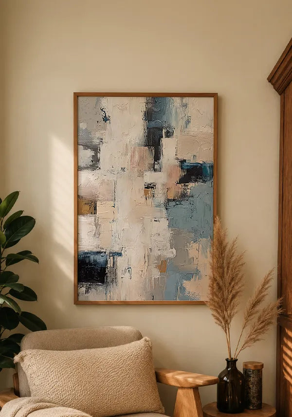 Quadro Abstrato Efeito Textura Moderna em Azul e Off-White I
