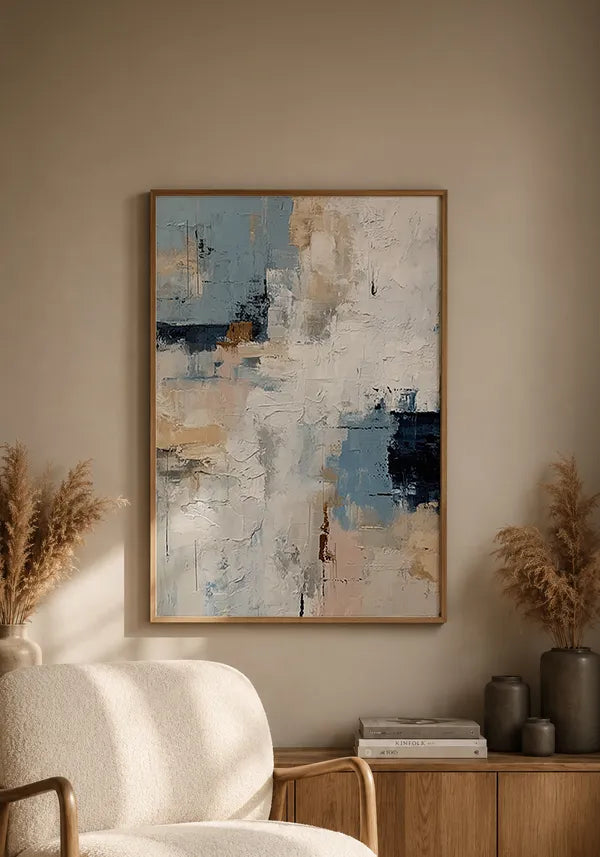 Quadro Abstrato Efeito Textura Moderna em Azul e Off-White II